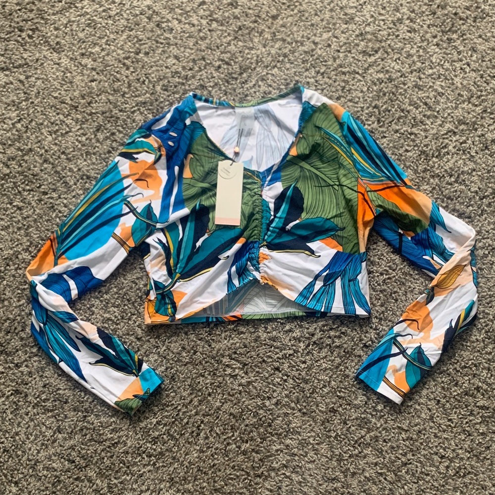 NWT CALIA Tropical Leaf Print Crop Ruched Rash Gaurd Top 50+ UV Protection Large